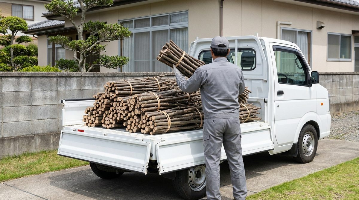 束ねた剪定枝を軽トラックに積み込んで運び出すイメージ