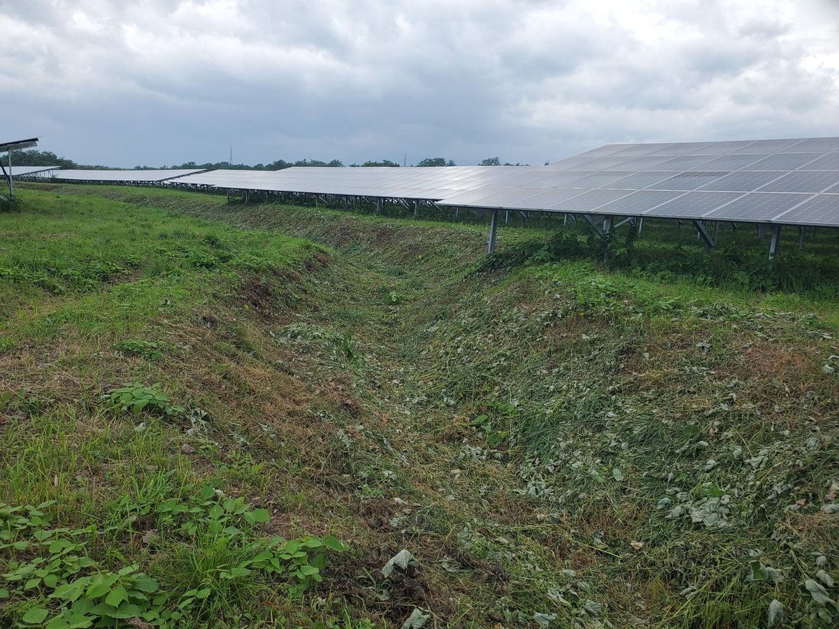 太陽光発電所の排水路の草刈り後：水路の底まで刈り込み水の流れを確保した状態