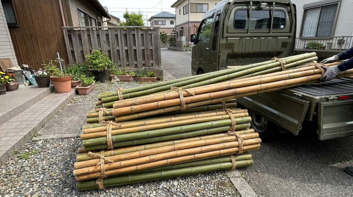 伐採した竹を束ねて搬出するイメージ