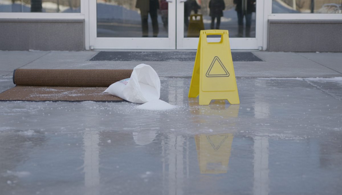 店舗入口の凍結箇所に置かれた注意看板と滑り止めマット、融雪剤