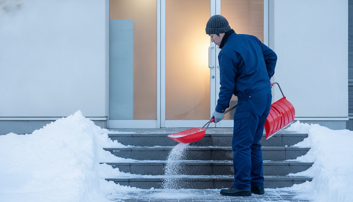 早朝に店舗入口の階段で融雪剤を撒くスタッフ