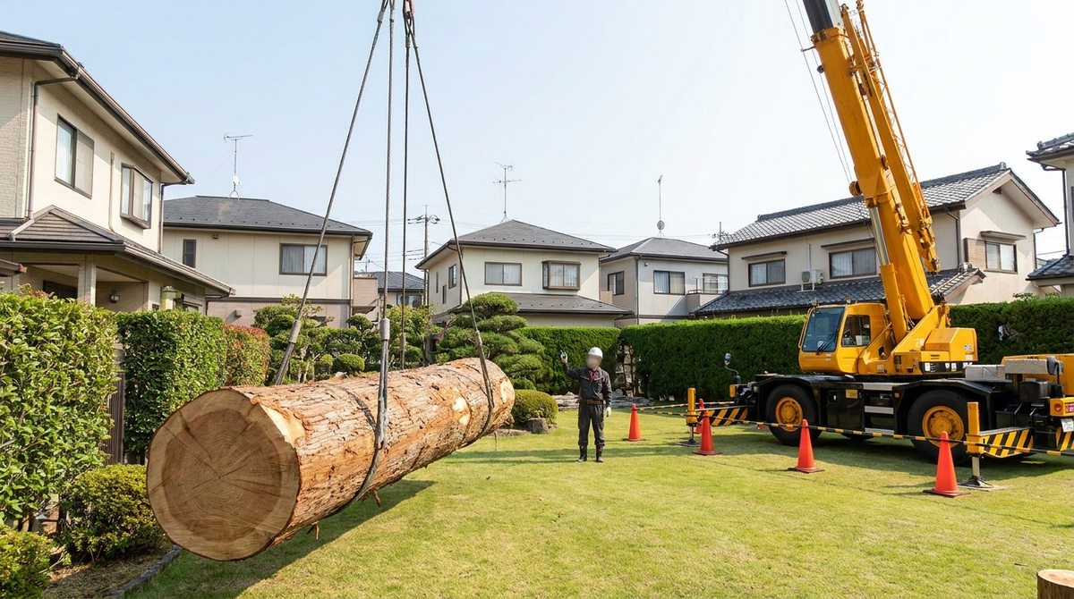 クレーンで幹を吊りながら切り出しているイメージ