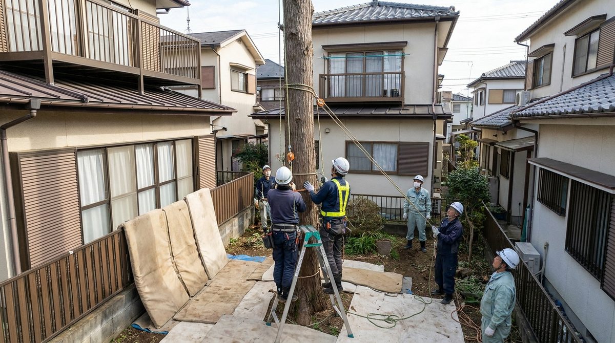 住宅が密集した狭い庭で慎重に伐採作業を進めるイメージ