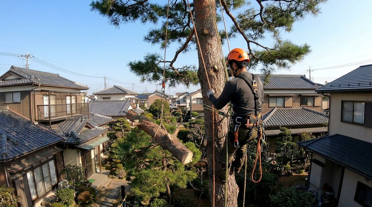 特殊伐採でロープを使い高木の枝を少しずつ切り分けているイメージ