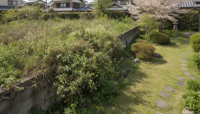 隣の敷地から境界を越えて伸びてきた雑草