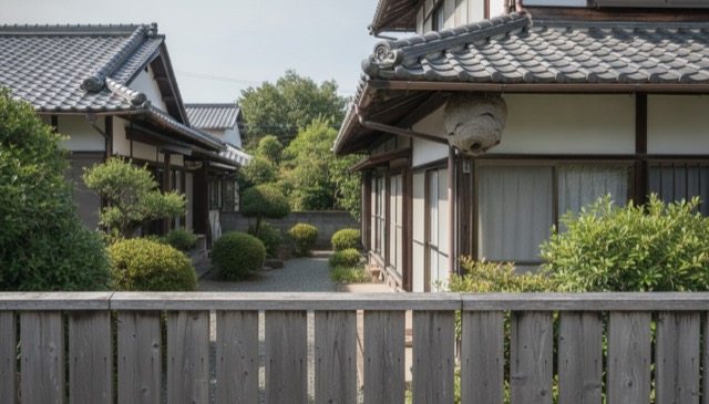 塀越しに見える隣家の軒下の蜂の巣