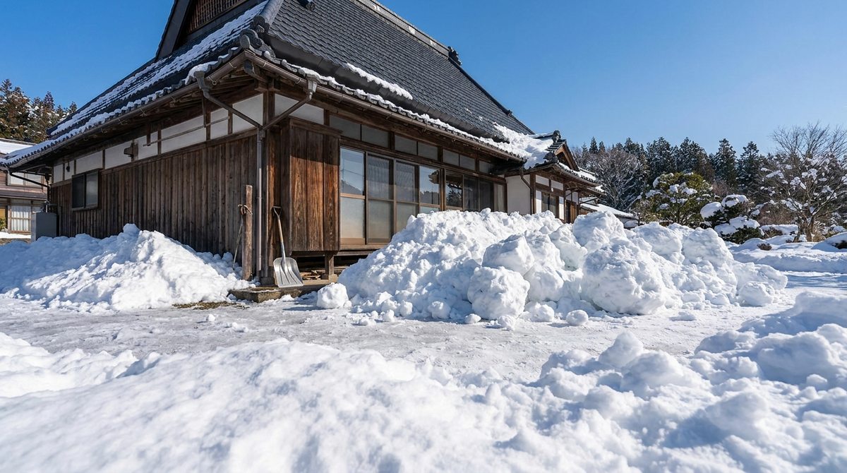屋根の雪下ろし作業後、除去された雪のイメージ