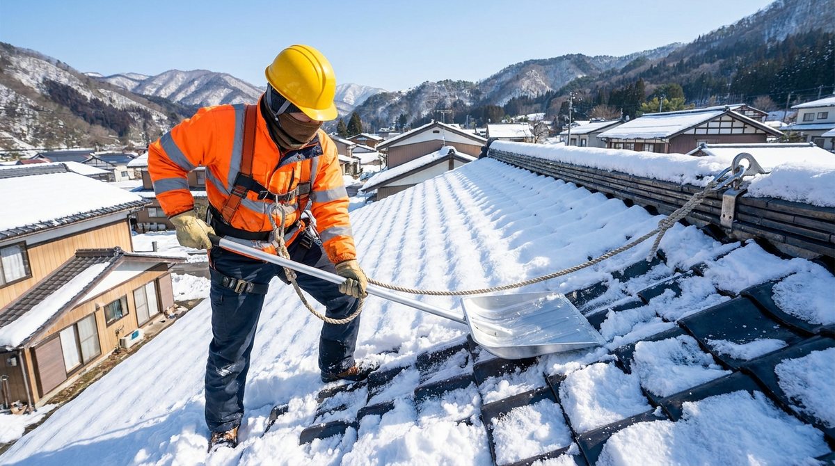 安全帯・命綱を装着したプロの屋根雪下ろし作業
