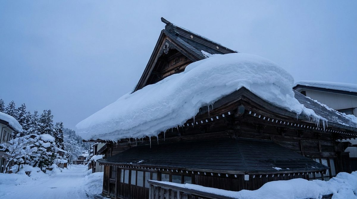 屋根に積もった危険な雪庇