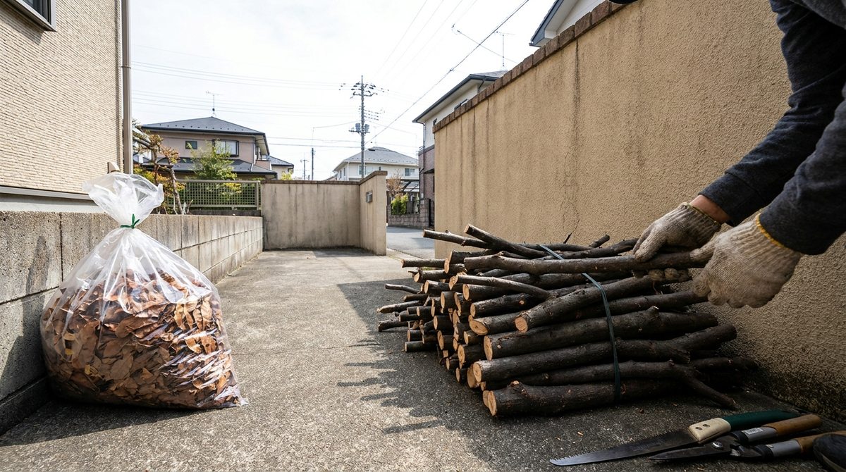伐採した枝を束ねて自治体のごみに出す準備をするイメージ