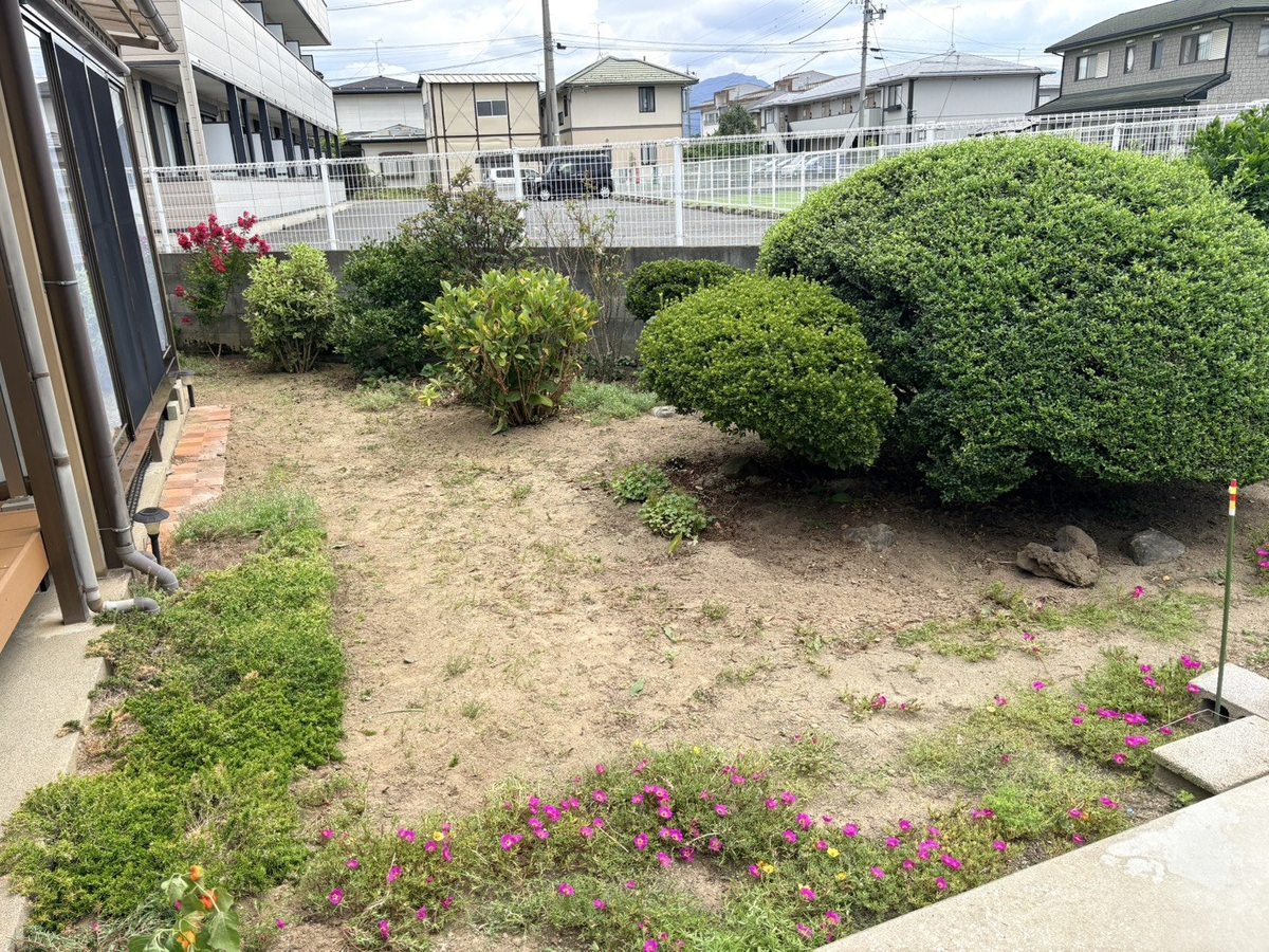 長野市の庭の草むしり後:駐車スペース側の雑草が減り土の部分がすっきりした状態