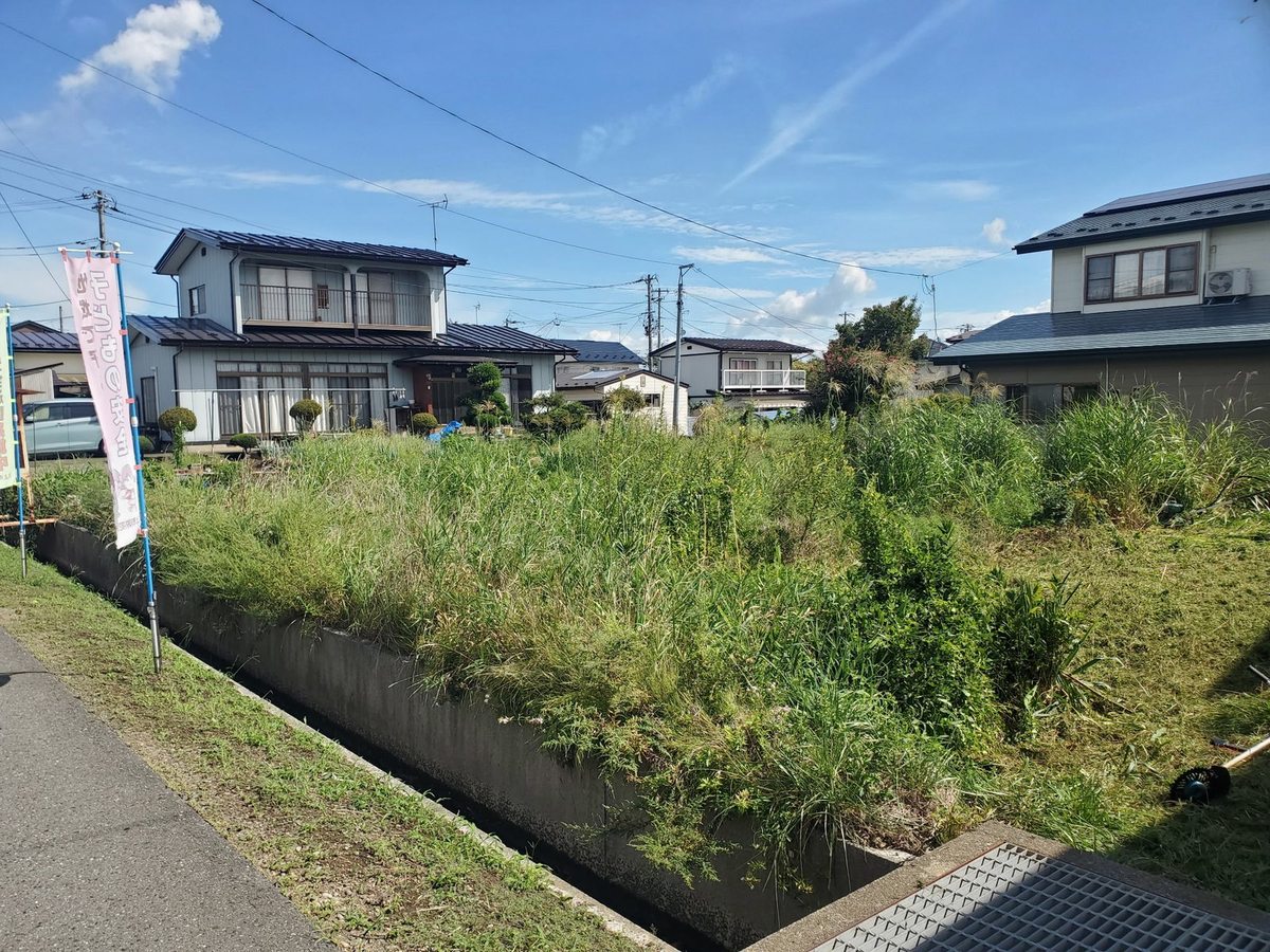 北上市の空き地の草刈り前:道路沿いの側溝から見て腰の高さを超える雑草が茂る状態