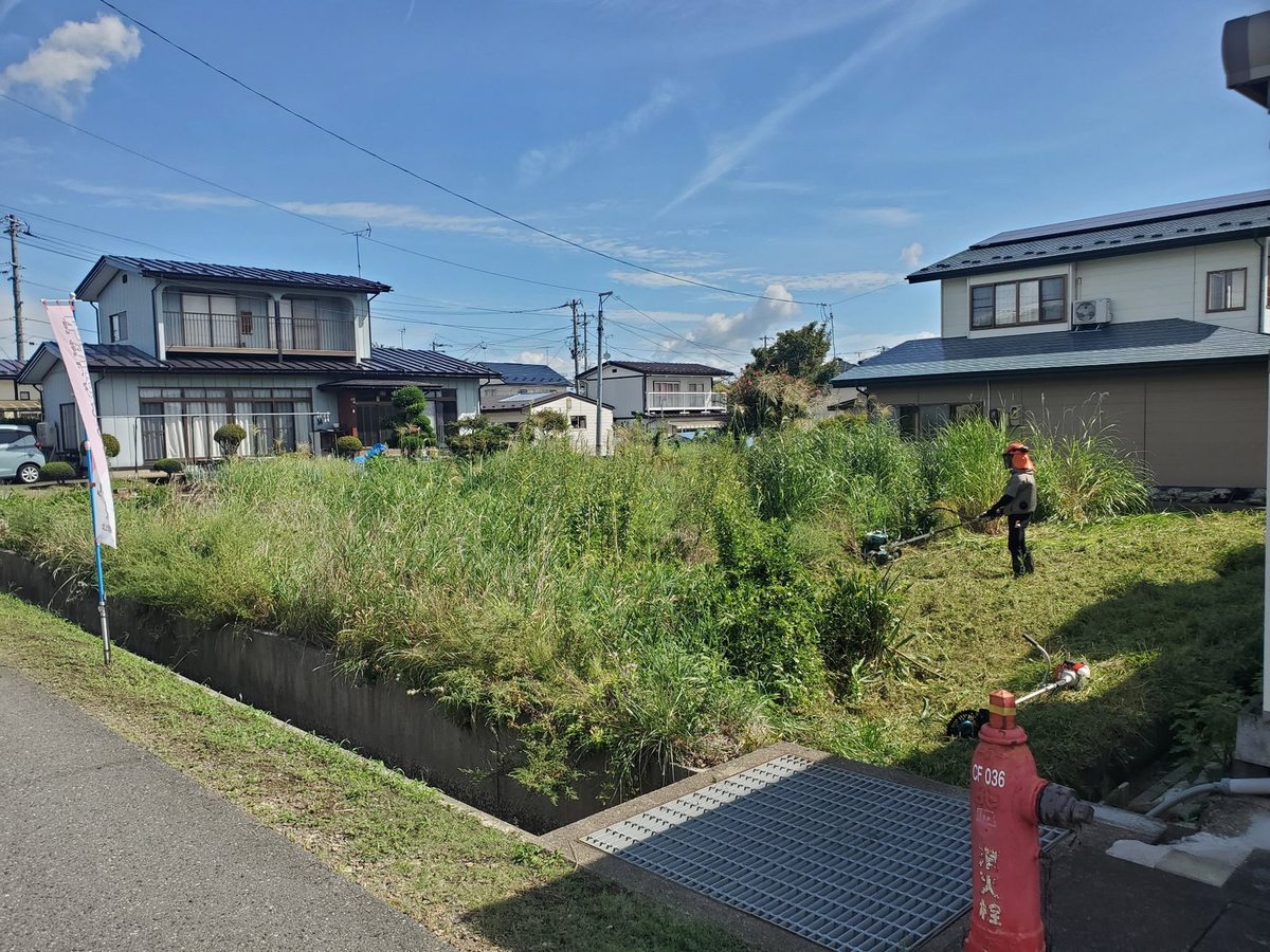 北上市の空き地の草刈り作業中:刈払機を使って丈の高い雑草を刈り進める作業員の様子