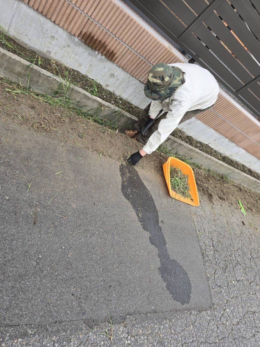 駒ヶ根市の道路縁の草刈り作業中:刈った草を集めて片付ける様子
